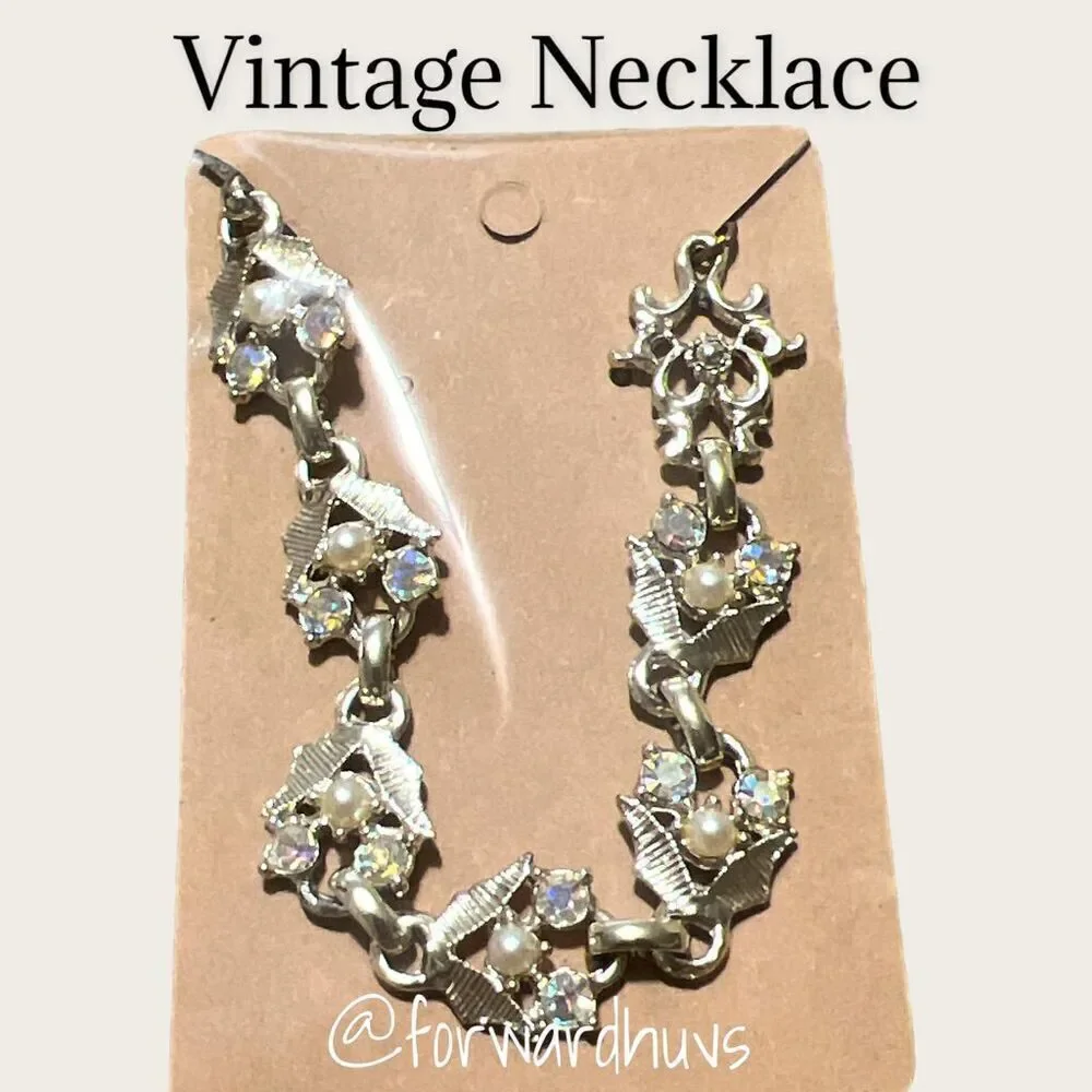 Vintage Silver Tone Necklace with Aurora Borealis and Faux Pearl Accents